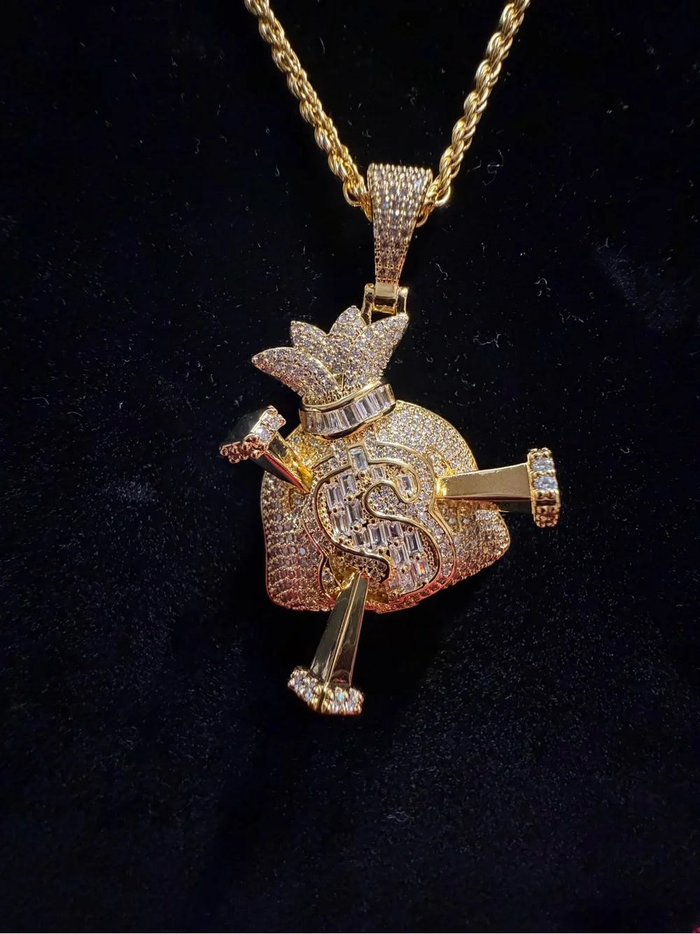 Money Bag with Nails Pendant – Full Moissanite | 14K Gold Plated